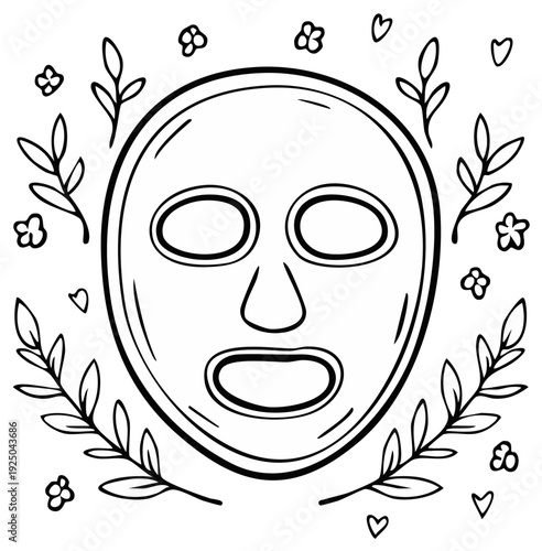 Hand-drawn facial sheet mask surrounded by botanical elements and hearts for skincare and beauty
