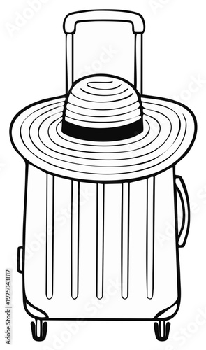 Travel Suitcase with Hat Outline Illustration Black and White Vacation Ready