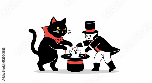 Black Cat and Magician Brewing Potion.