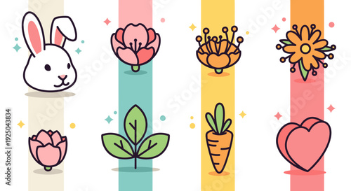 A collection of cute spring-themed icons featuring a rabbit, flowers, a carrot, and a heart in colorful minimalist vector style, perfect for seasonal designs and illustrations
