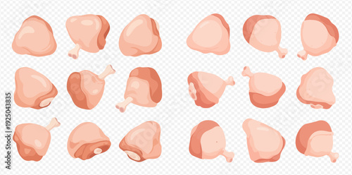 Set of raw chicken pieces including drumsticks and thighs, fresh meat for cooking isolated on transparent background.