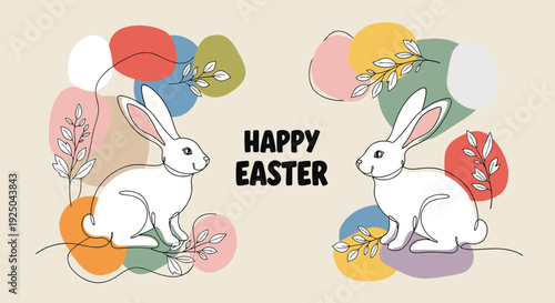 A playful illustration of rabbits surrounded by colorful abstract shapes in minimalist vector style, perfect for Easter greeting cards