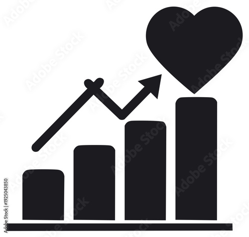 Upward bar chart with heart icon symbolizing growing popularity engagement or health success