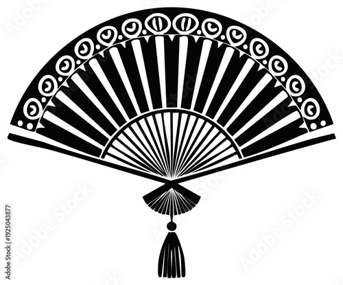Elegant Black and White Decorative Folding Fan with Tassel and Circular Motifs