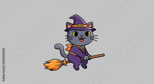 Cartoon Cat Witch Flying.