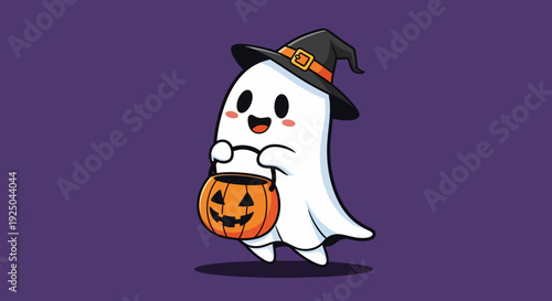 Cartoon Ghost Holding Pumpkin.
