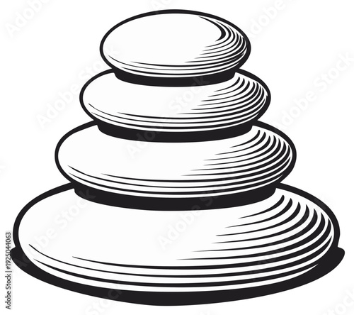 Black and white illustration of balanced zen stones stack. Smooth rocks creating a calming cairn structure.