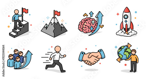 A collection of icons depicting success, teamwork, and innovation in a flat modern vector style, suitable for business presentations and motivational materials