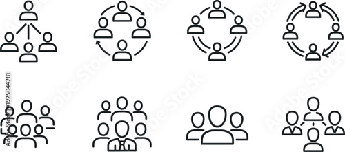 Eight black and white line icons depicting various group and teamwork formations