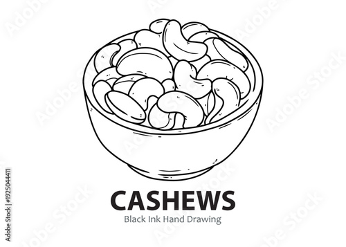 A black and white ink drawing of a bowl filled with cashews, presented as a simple illustration.