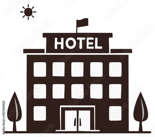 Stylized graphic of a hotel building with windows, doors, and trees under a sun and flag