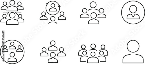 Collection of simple line icons representing groups and individuals