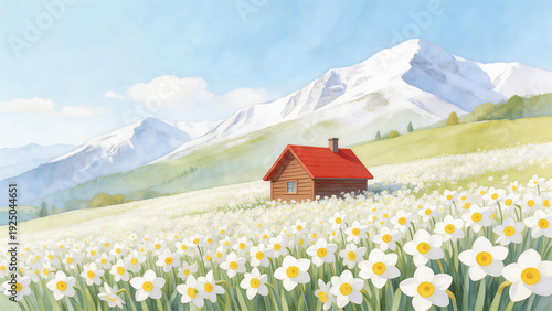 A charming scene features a red-roofed wooden cabin amidst a vast daffodil field, with snow-capped mountains in the distance, evoking a sense of rural tranquility and natural beauty.