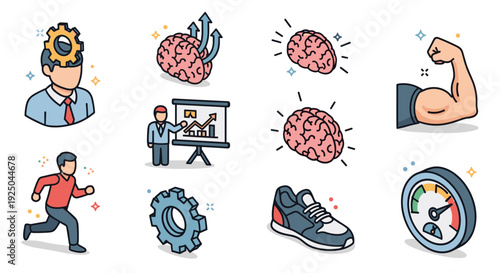 A collection of fitness and motivation icons featuring a running figure, brain, gear, and strength symbols in flat vector style, ideal for health and wellness projects