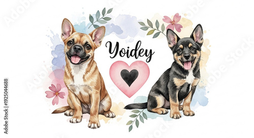 Two adorable dogs sitting with heart and flowers cute pet illustration