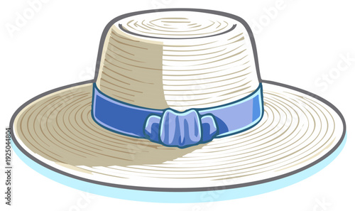 Cartoon straw boater hat with blue ribbon and bow, a quintessential summer accessory