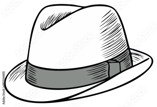 Classic fedora hat illustration, grayscale outline, style