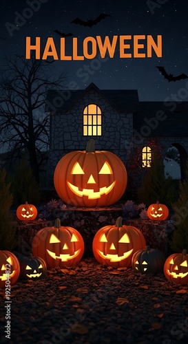 Wallpaper Mural Halloween Night - Spooky Pumpkins and Haunted House Scene. Torontodigital.ca