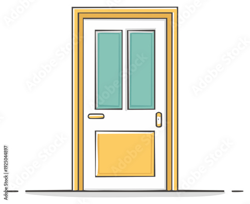 Isolated interior door with two teal panels and one yellow panel illustration style