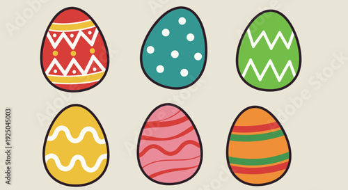 A collection of six colorful Easter eggs with various patterns in flat vector style, perfect for spring celebrations and holiday designs