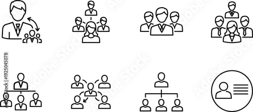 Black and white line drawings of business people communicating and working