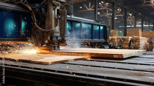 A machine is cutting wood in a factory