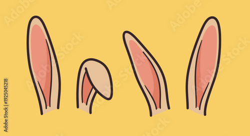 A collection of three cute bunny ears in flat cartoon vector style on a yellow background, ideal for children's designs and Easter themes