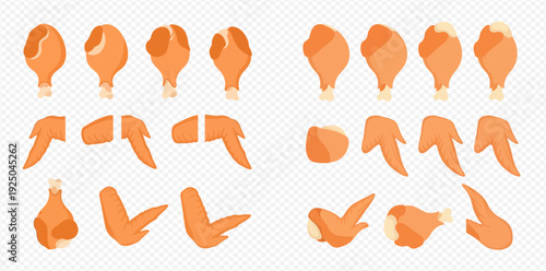 Set of cartoon fried chicken parts including drumsticks, wings, and thighs, perfect for menus and food-related designs.