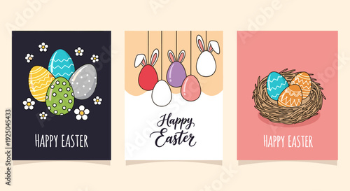 A collection of three Easter-themed greeting cards featuring colorful eggs, bunnies, and floral designs in flat vector style, perfect for seasonal celebrations