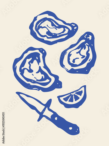 Oysters with lemon naive doodle style vector illustration