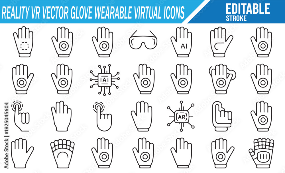 Fototapeta premium VR glove and wearable technology line icon set, editable stroke.