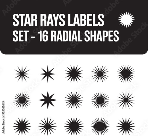 Star rays - Set of Retro Sun burst shapes. Vector stars and sparkle silhouettes classic design elements. Vintage sun ray frames, quality signs, sale icons for design project. Isolated on white