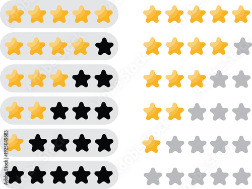 Five star quality rating icons gold black and gray vector set