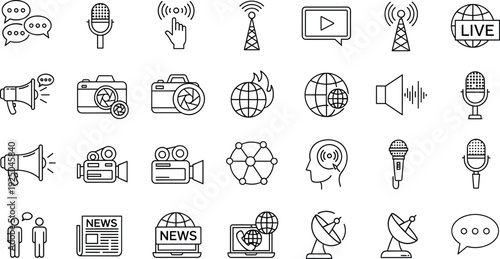 Media and Broadcasting Line Icons Set Communication and News Outline Collection