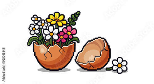 A cracked eggshell with blooming flowers inside in vibrant pixel art style, perfect for spring-themed designs