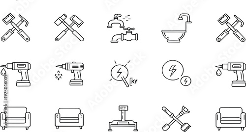 Plumbing, Repair Tools, Electric Drill, Faucet and Furniture Line Icon Set for Home Maintenance and Construction Services Design