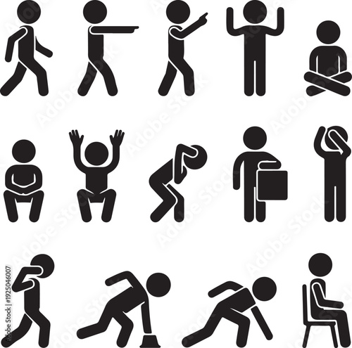 stick figure people pictogram, set of human silhouettes, man icon, various poses, gestures and movements