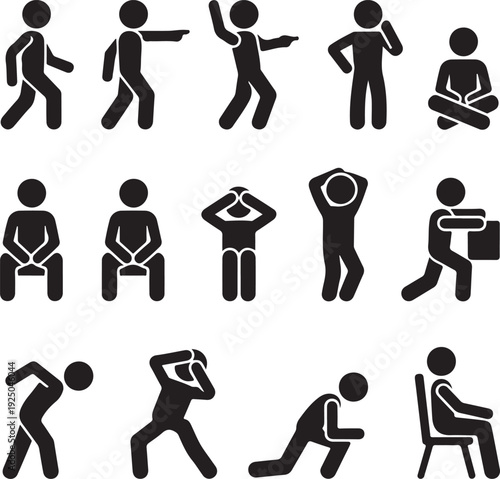 stick figure people pictogram, set of human silhouettes, man icon, various poses, gestures and movements