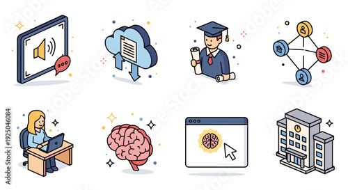 A collection of educational and technology icons including a brain, computer, and networking symbols in flat modern vector style, ideal for digital learning platforms