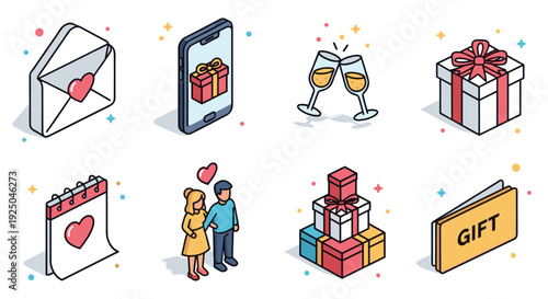 A collection of romantic icons featuring gifts, hearts, and celebration elements in colorful flat vector style, perfect for greeting cards and event planning