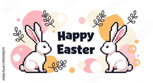A cheerful Easter illustration featuring two cute bunnies surrounded by pastel colors, in a playful vector style, perfect for greeting cards or festive decorations
