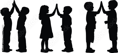 Children giving high five silhouettes isolated on white background playful kids friendship teamwork vector illustration set