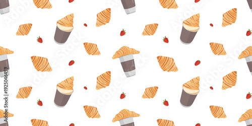 Seamless pattern with croissants, takeaway coffee cups and strawberries on white background