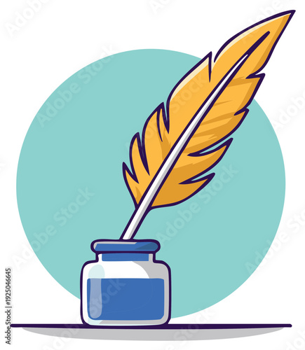 Stylized yellow quill pen poised above a blue inkwell with a teal circle background