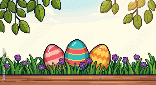 A set of three colorful Easter eggs hidden among green grass and purple flowers in a pixel art style, suitable for spring-themed designs