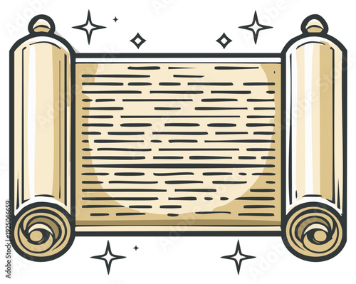 Blank parchment scroll ready for messages, stories, or ancient magical texts illustrated in digital cartoon
