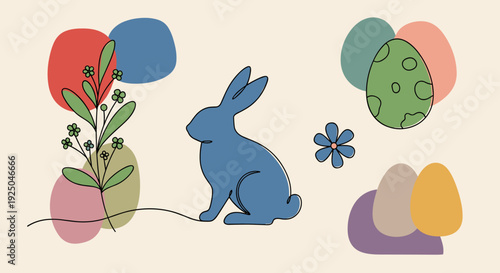 A playful rabbit surrounded by flowers and colorful eggs in minimalist vector style, ideal for seasonal decorations and greeting cards