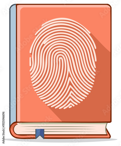 Illustration of a salmon colored book with fingerprint graphic element suggesting mystery or identity themed topics