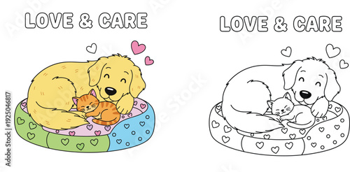 Cute Golden Retriever Dog and Tabby Kitten Cuddling in Bed, Love and Care Concept, Educational Coloring Book Page for Kids, Vector Illustration for Children's Activities and Hobbies