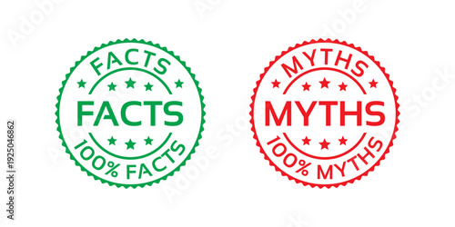 Fact Myth rubber stamps. Truth or false emblems. Red green seal imprints isolated on white background. Infographic labels. Retro badges. Round stickers. Vector illustration.